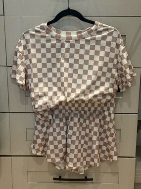 Checkerboard Peplum Short Sleeve Top - Cream & and Skirt Set